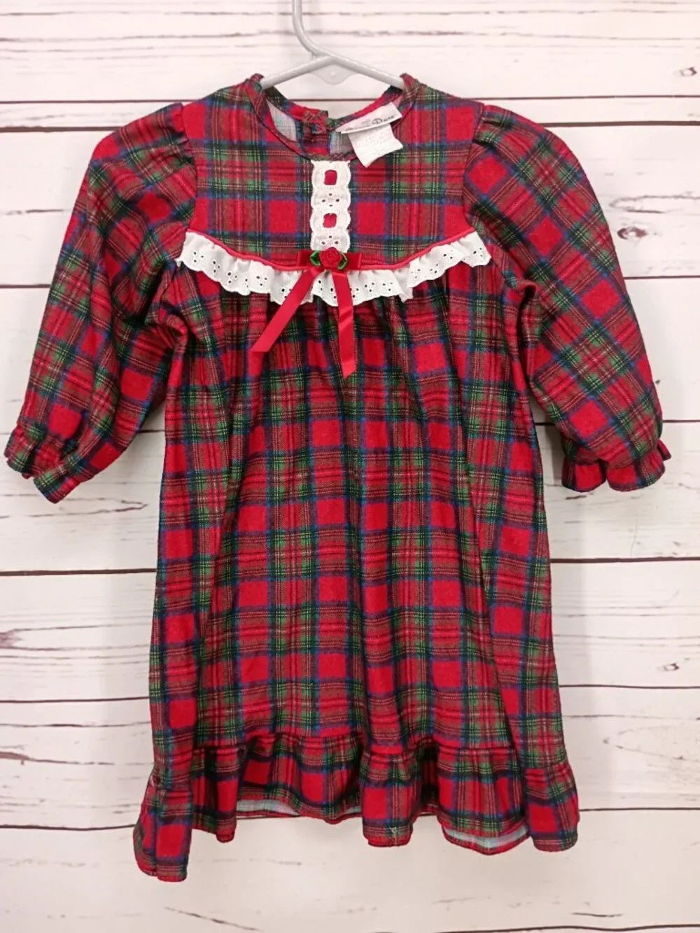 Vintage Laura Dare Toddler Girls Red Plaid Long Sleeve Dress With Lace & Bow Acc